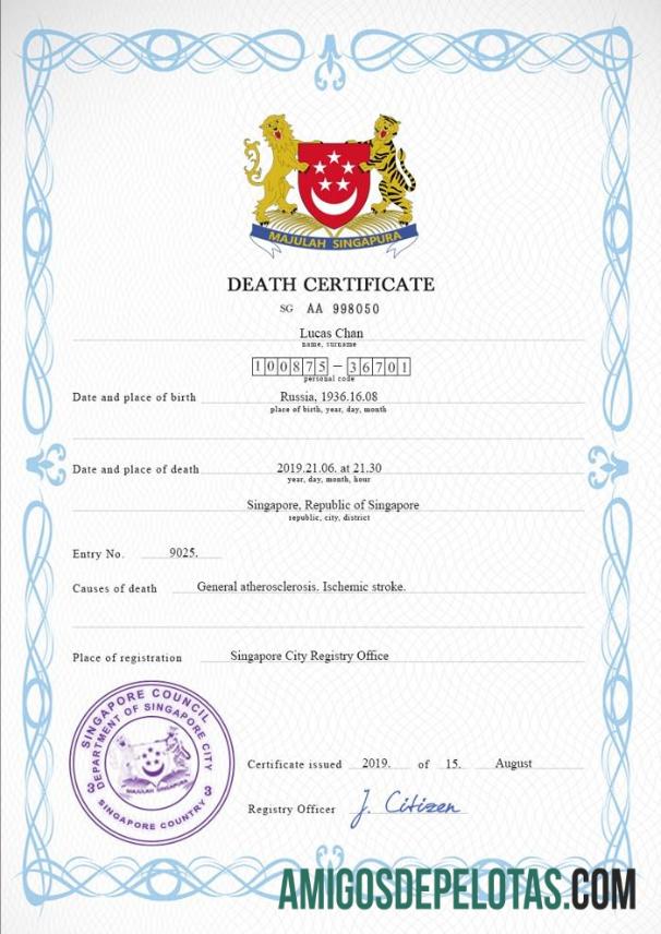 Imprimível modelo PSD de certidão de óbito de Singapura